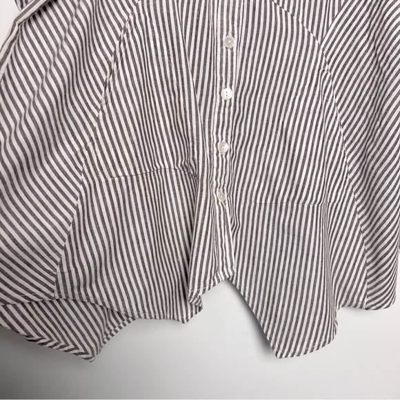 Tulip Lagenlook Shirt Brownish Gray Stripe Loose Asymmetrical Hem Button Down - Picture 7 of 14